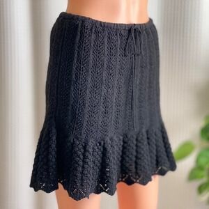 ZARA Black Crochet Knit Mini Skirt Flounce Hem Boho Whimsy Cottage Goth Size M